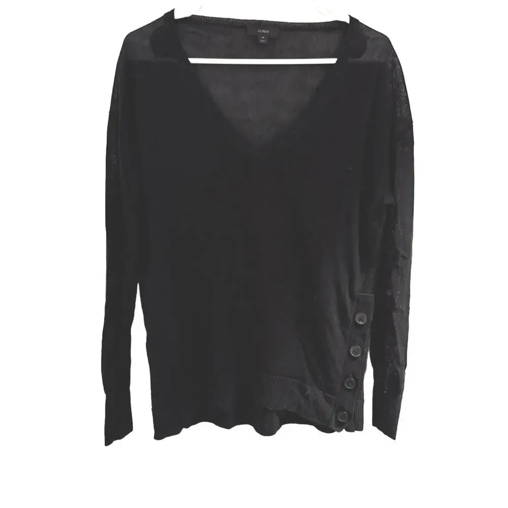J.CREW Linen/Viscose Lightweight V Neck Black‎ Sweater Side Buttons SZ M Preppy